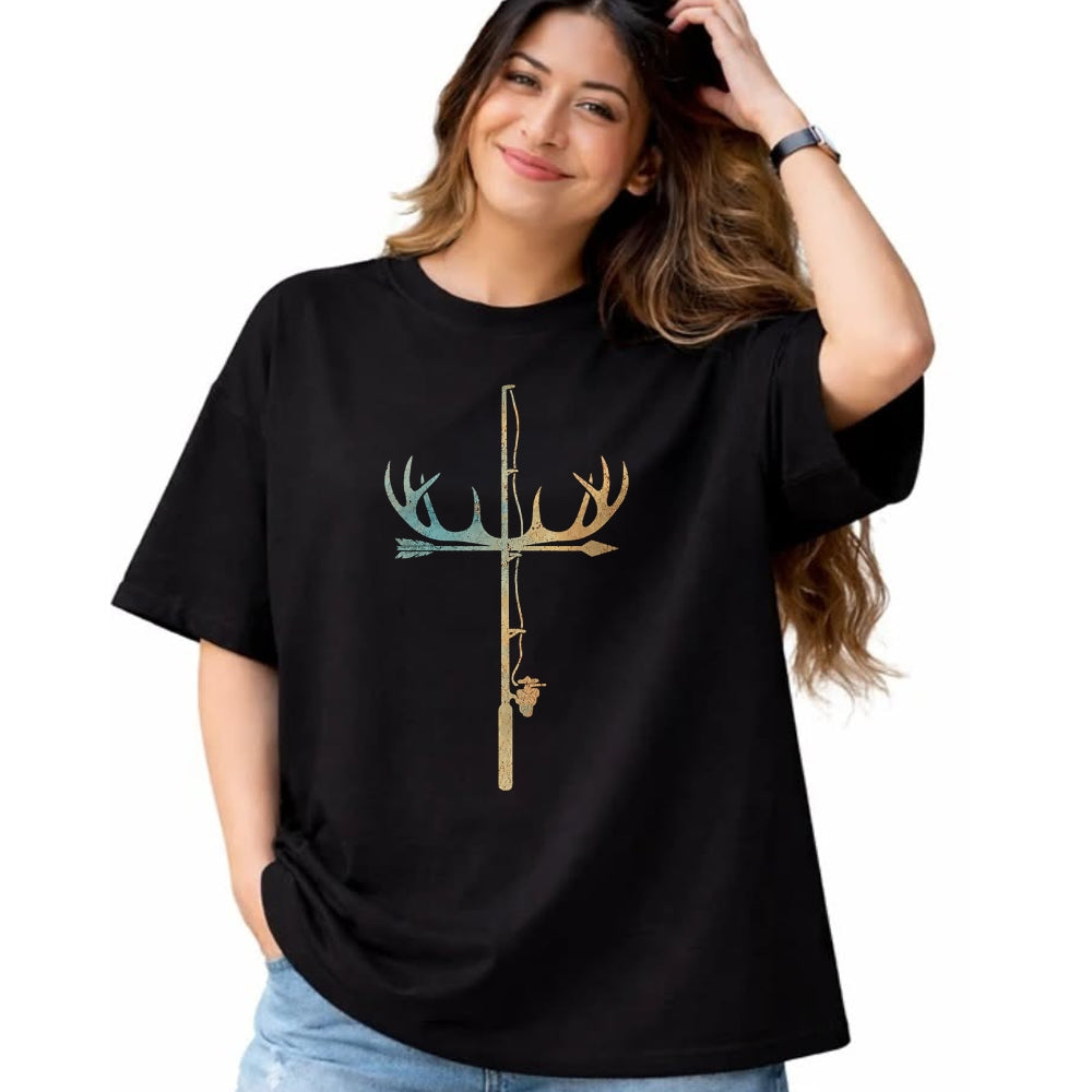 Funny Fishing Shirt, Gift For Fishing Lover Unisex T-Shirt/Hoodie/Sweatshirt HLT00 - Antler Fishing Rod Cross God Family Hunting Fishing T-Shirt