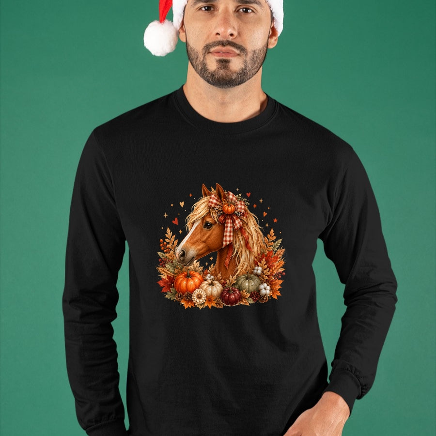 Best Horse Lover Shirt , Funny Horse UnisexT-Shirt/Hoodie/Sweatshirt HLT00 - - Cute Horse Pumpkin Coquette Bow Autumn Fall Equestrian T-Shirt