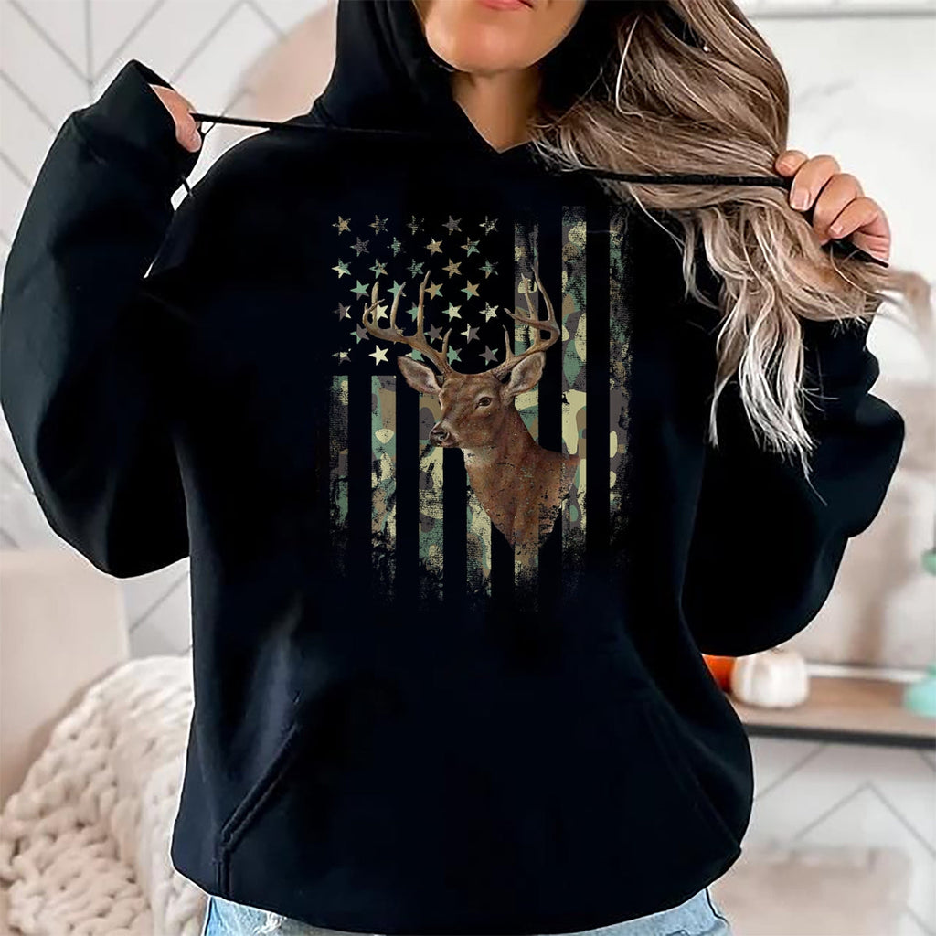 Funny Hunting Shirt, Gift For Hunting Lover Unisex T-Shirt/Hoodie/Sweatshirt HLT00 - American Flag Deer Hunting Camo T-Shirt