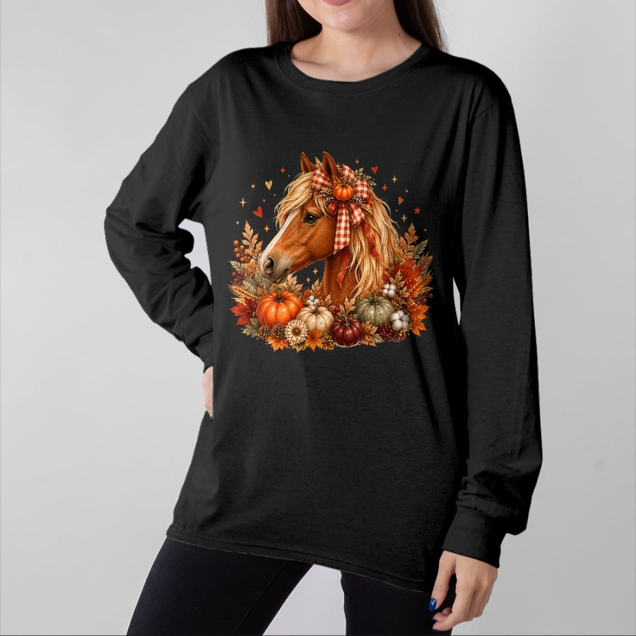 Best Horse Lover Shirt , Funny Horse UnisexT-Shirt/Hoodie/Sweatshirt HLT00 - - Cute Horse Pumpkin Coquette Bow Autumn Fall Equestrian T-Shirt
