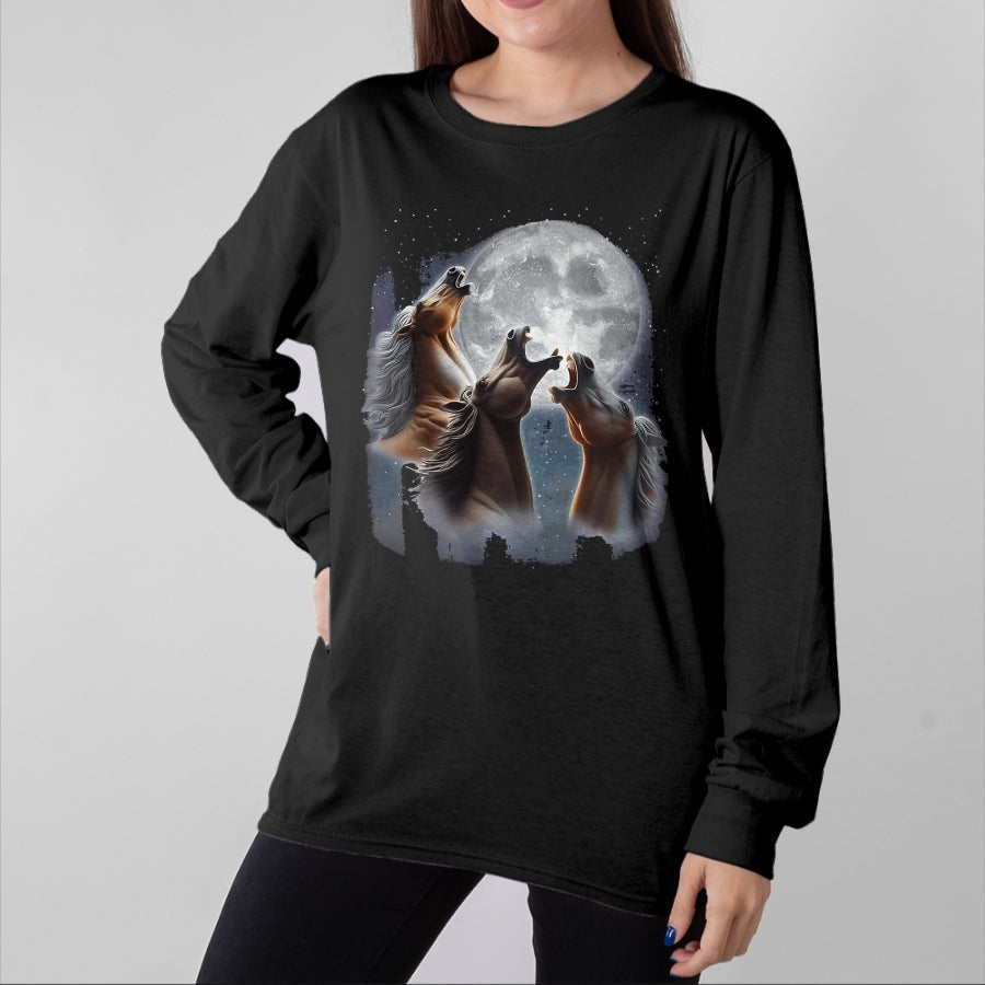 Best Horse Lover Shirt , Funny Horse UnisexT-Shirt/Hoodie/Sweatshirt HLT00 -  3 Horses Howling At The Moon Funny Horse Lover Equestrian T-Shirt, Men, Black, 3X-Large